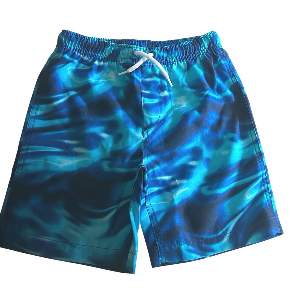 5/$25 Lands' End Boys Blue Swirl Drawstring Liner Swim Trunks S 6 7 NWOT